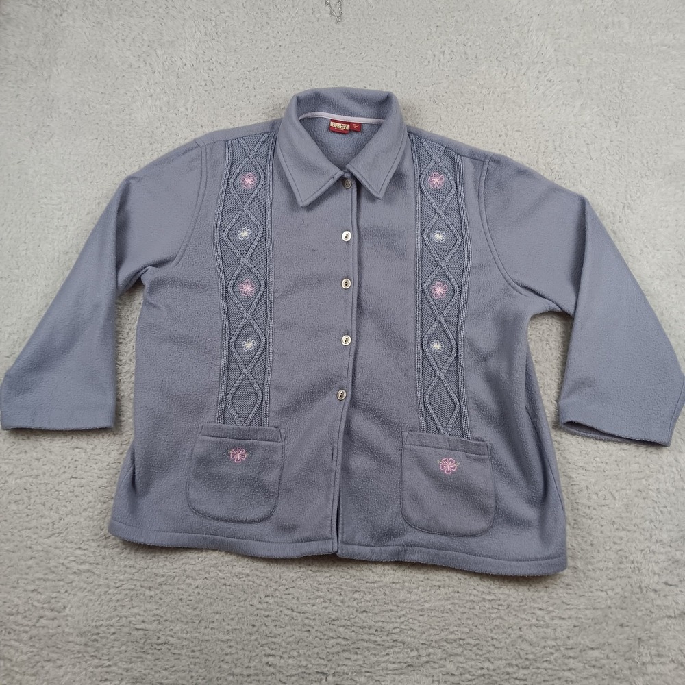 Tudor Court Cardigan Woman XL Blue Floral Embroidered Fleece Pockets D5H